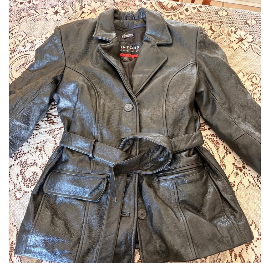 Wilsons Leather Jacket Womens Small Limited Edition Black Belted Thinsulate Coat